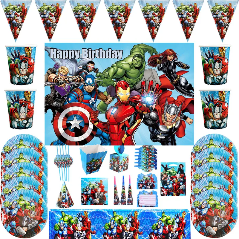 

Disney Superhero Theme Party Supplies Decorations Tablecover Hats Hero Plate Cup Flag Party Baby Shower Birthday Disposable Set