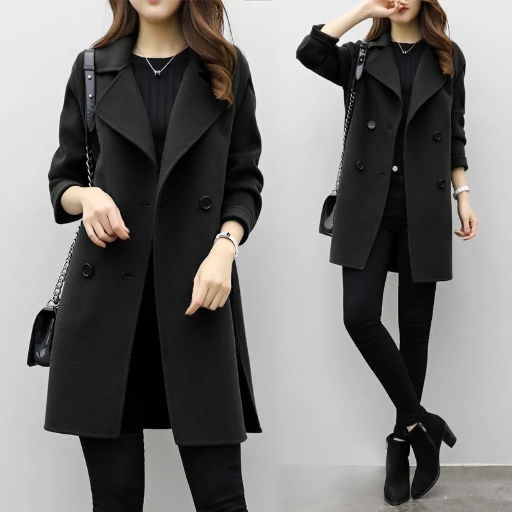 Coat Women Autumn Winter Jackets Solid Color Lapel Double-breasted Woolen Midi Trench Loose Long Sleeve Jacket Warm Keeping | Женская