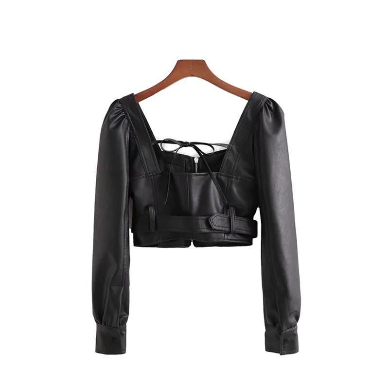

PUWD Cool Woman Soft Leather Belt Short Jacket 2021 Spring Fashion Ladies Slim PU Strapless Backless Outwear Female Bow Coats