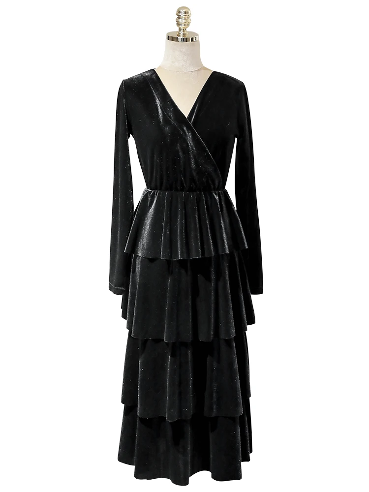 

Black dress women's velvet mid-length long sleeve 2020 Spring and Autumn New elegant high waist pleated skirt for women