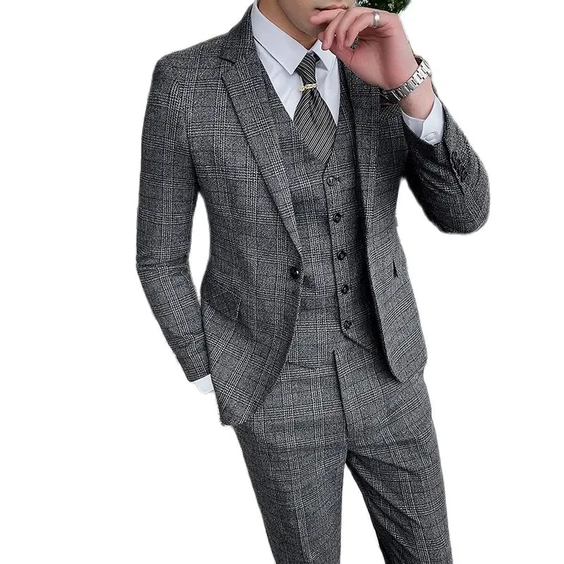 Костюм мужской из 3 предметов клетчатое платье приталенный дизайнерский Блейзер