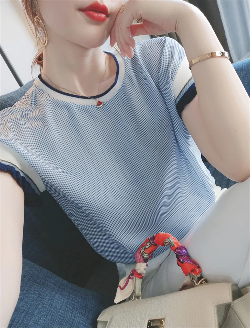 

2021 Top Fashion Hot Sale 20686 (no.1, Row 6, Room 1) Off The Spot Net Red Picture Round Neck Short Sleeve Plaid T-shirt 29