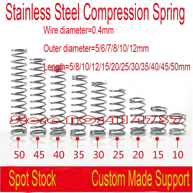 40pcs 0.4mm Wire OD 5/6/7/8/10/12mm Stainless Steel Spot Spring Precision Spring Micro Spring Compression Spring Length 5--50mm