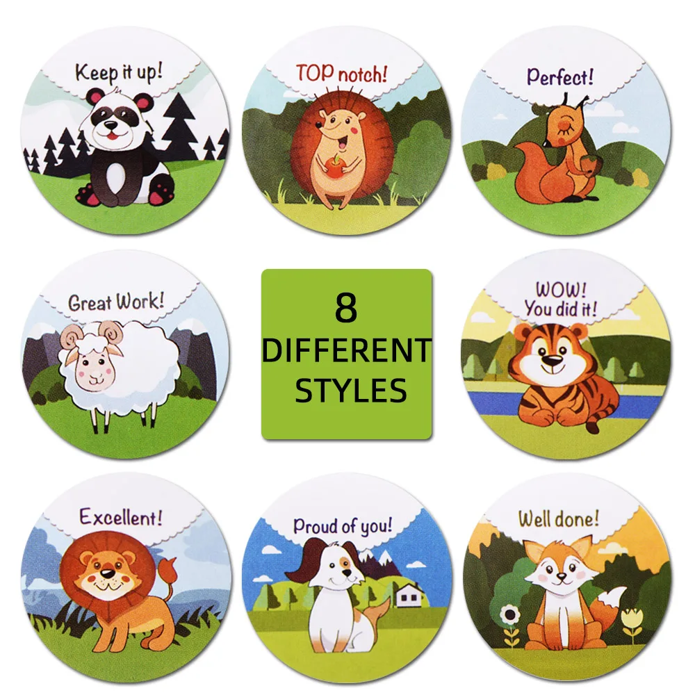 1 Zoll Gesichtsaufkleber für Kinder 500 Stück/Rolle Belohnungsaufkleber 'WOW! „You DID IT' Encourage“-Etiketten, Motivationsaufkleber mit niedlichen Tieren – Detail 2