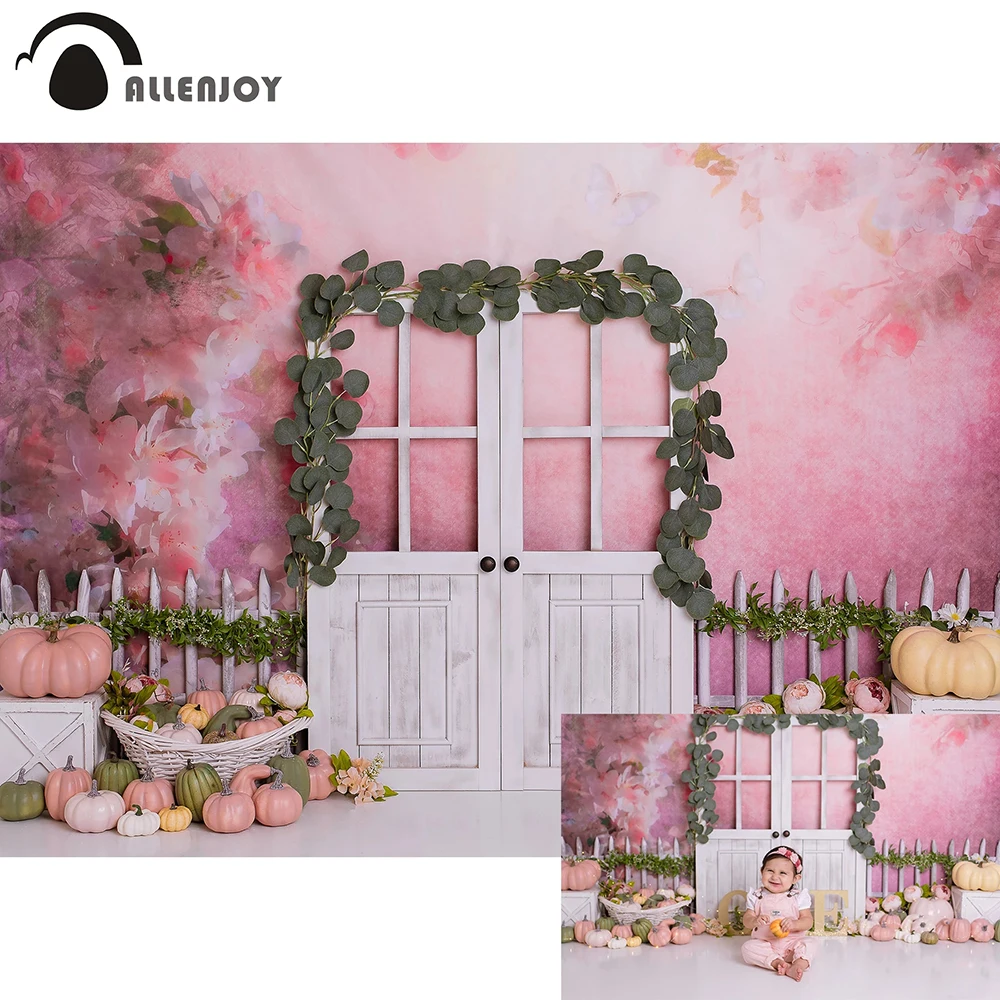 Allenjoy Smash Cake Autumn Photography Background Pumpkin Leaves Flower Bokeh Pastel Wallpapers Baby Shower Birthday Backdrops