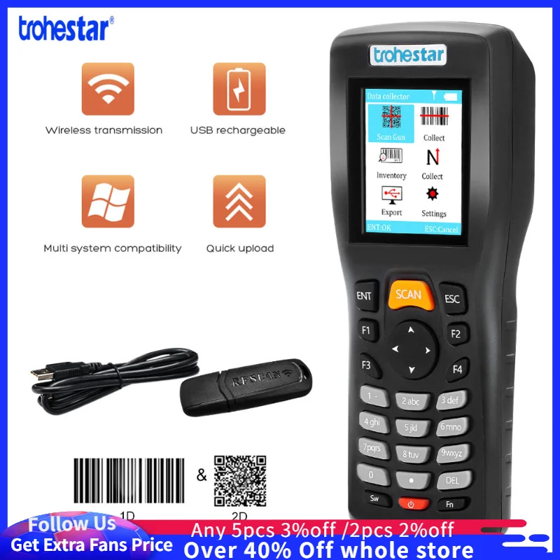 

Trohestar Wireless Barcode Scanner 1D 2D Bar Code Reader Inventory Counter Data Collector PDA QR Scanners leitor codigo barras