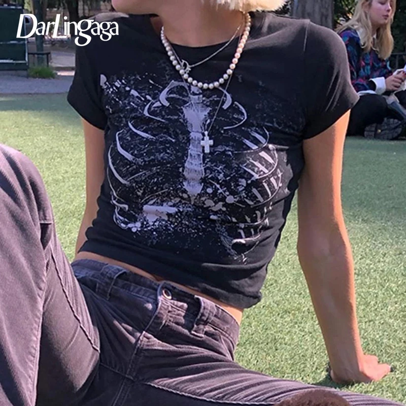 

Darlingaga Mall Goth Skeleton Print Dark Women's T-shirts Y2K Bodycon Punk Harajuku Crop Top Gothic Clothes Tee Shirt Femme 2021