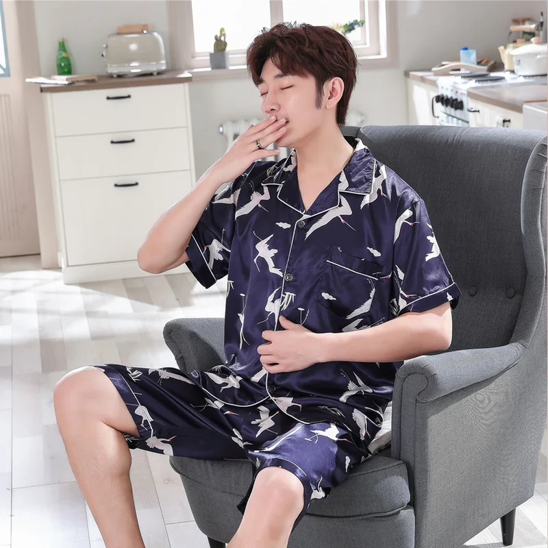 CAIYIER Summer Stripe Silk Satin Men Pajamas Set Short Sleeve Elastic Waist Shorts Sleepwear Men's Soft Cool Leisure Home Wear