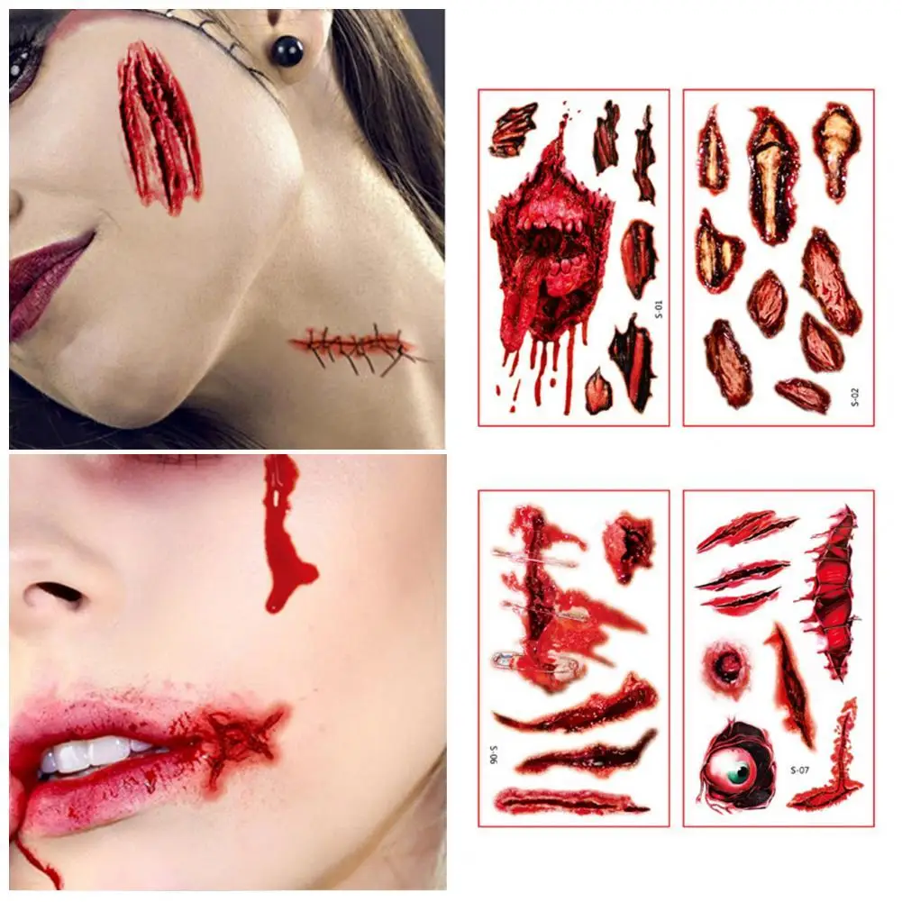 

10Pcs/Set Halloween Style Tattoo Sticker Scar Patterns Vivid Body Terror Realistic Stitched Injuries Blood DIY Tattoos Stickers