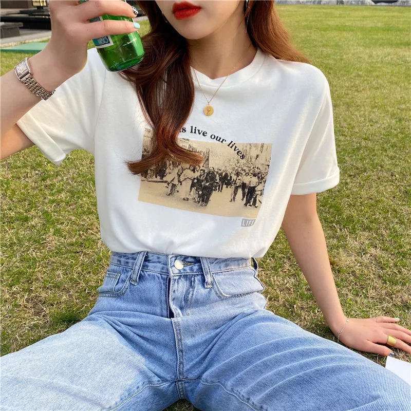 

Женская футболка с коротким рукавом, модная Базовая рубашка в гонконгском стиле Instagram, новинка 2021, хлопковый свободный ретро Топ с принтом в...