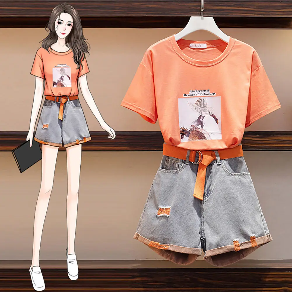 

Single / large women's wear summer fat sister cover meat show thin suit age reduction holed denim shorts two piece set