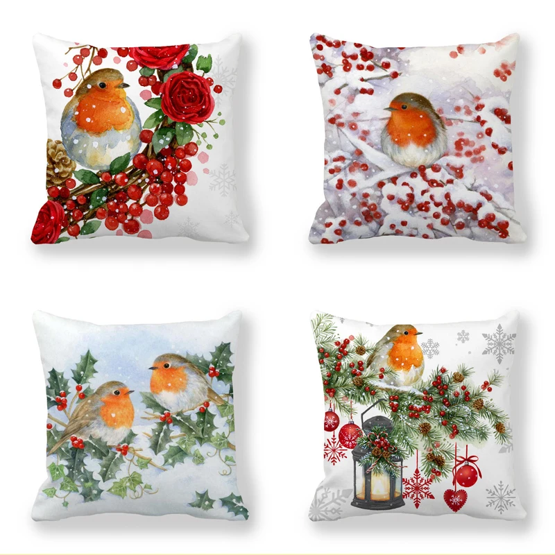 

2023 New Christmas Cushion Cover Print Robin Bird Pillow Navidad Gifts Pillowcase Christmas Decoration for Home New Year's Gift