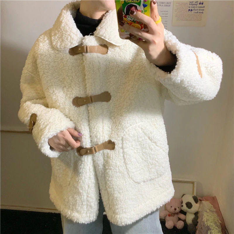 

Women's thick cotton coat winter fashion solid color loose coat warm polo collar coat Korean college coat oversize Chinese style