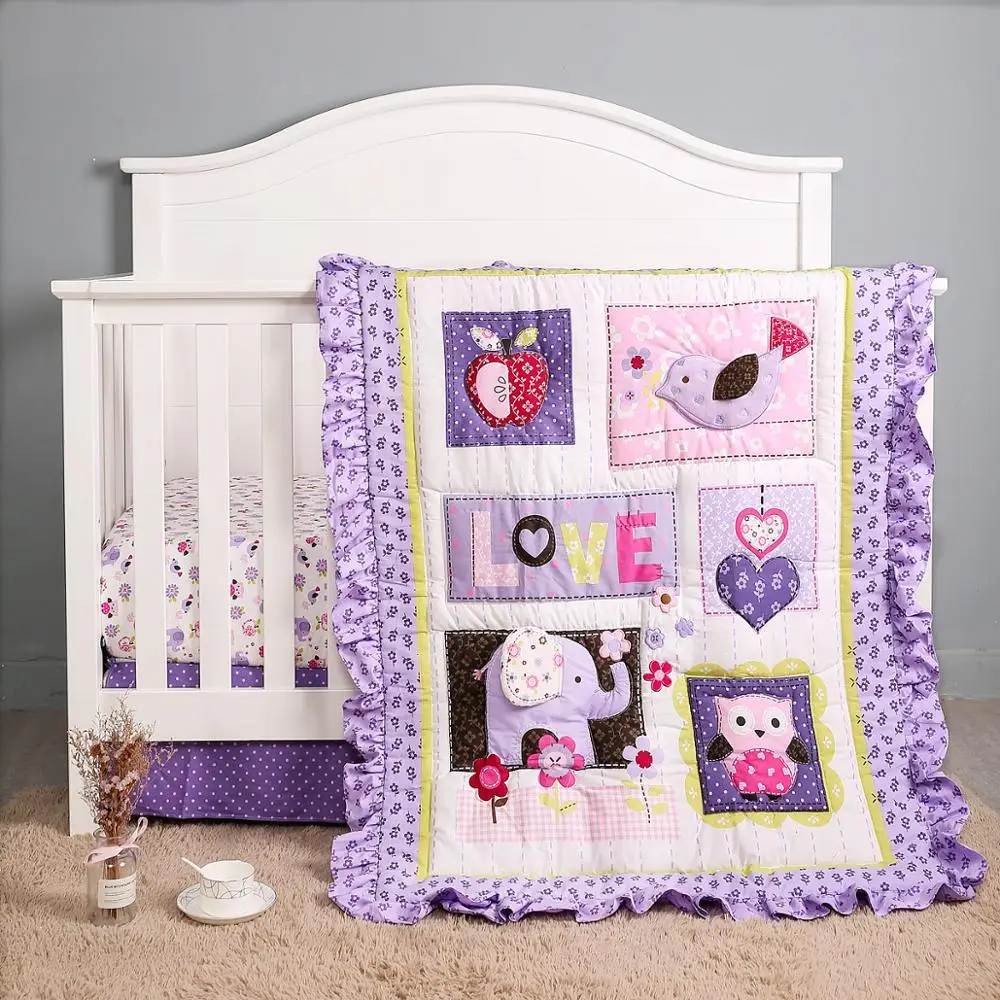 

3PCS Purple Baby Bedding Crib Cot Quilt Set Dust Ruffle Elephant Owl Flower Girl Gifts, Fiteed Sheet +Dust Ruffle+Duvet