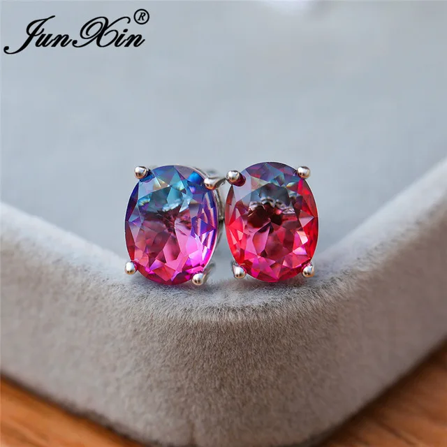 Oval Rose Red Blue Мистик огненный Кристалл Камень круглые серьги гвоздики для женщин 925 Серебряный Цвет Радуга синий красный зеленый циркон двойные серьги для свадьбы - Окраска металла: Oval Rose Red Blue
