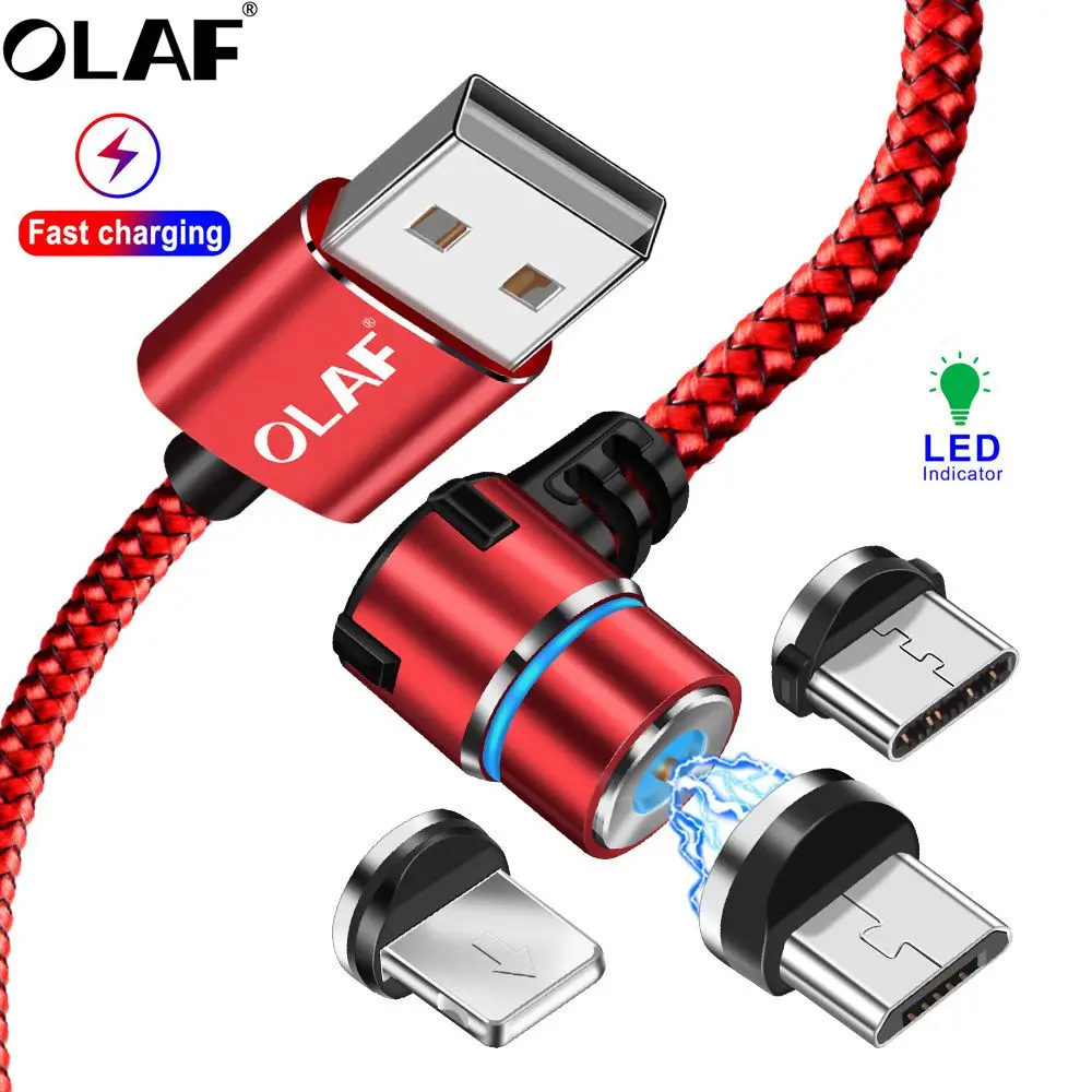 Магнитный USB кабель OLAF для iPhone XS 7 Samsung S9 Xiaomi Huawei светодиодный 90 градусов быстрая