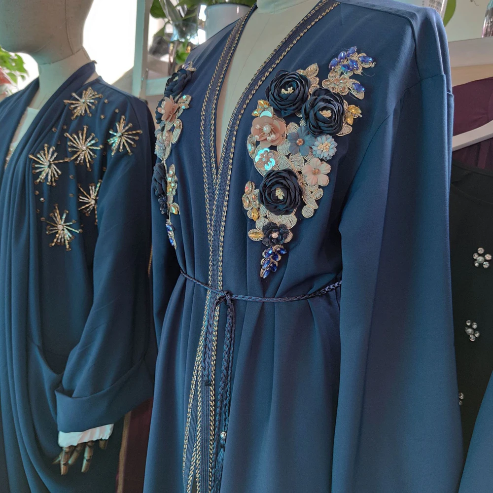 

Muslim Women Luxury Abaya Appliques 3D Flower Open Kimono Kaftan Middle East Eid Ramadan Islamic Clothing Cardigan Arab Jilbab