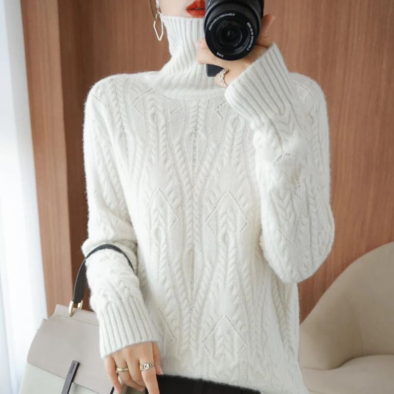 2021 autumn and winter new high-neck cable hollow wool sweater women's loose large size lazy base thickening sweater