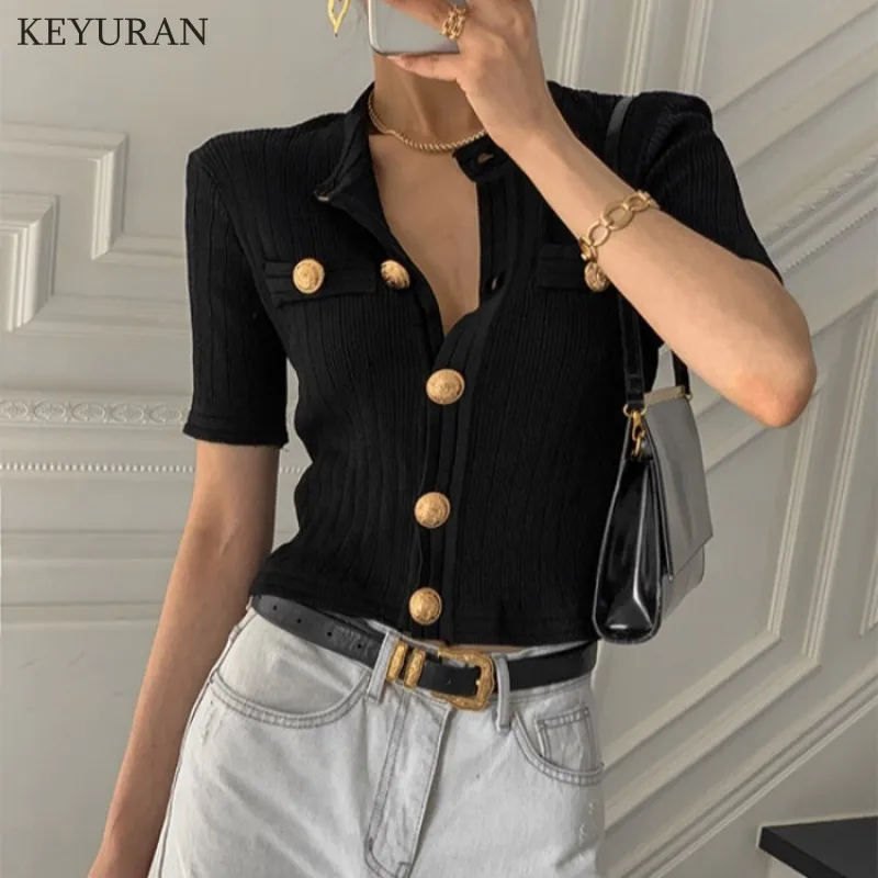 Woman Chic Cardigan Summer Elegant Temperament O-neck Big Button Design Slim Solid Versatile Female Short Knitting Top