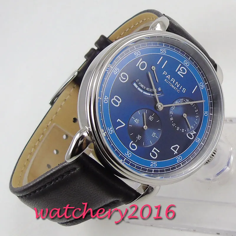 

42mm PARNIS blue Dial Date Indicator Power Reserve Leather Top Brand Luxury Automatic Mechanical men's Watch