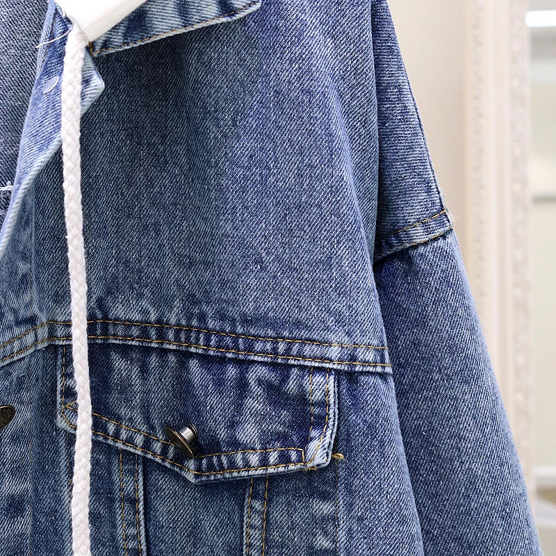 

Fashion Hooded Women Loose Letter Embroidery Long sleeve Short Jeans Jacket Spring Autumn Vintage Denim Coat Mujer