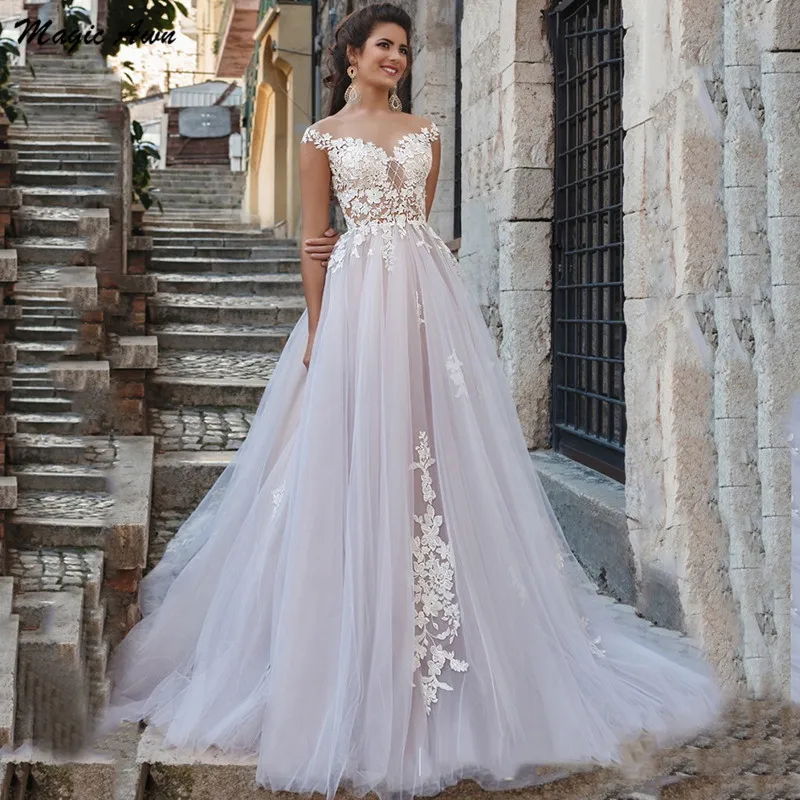 

Magic Awn 2021 Beach Wedding Dresses Sheer Scoop Lace Appliques Cap Sleeves Boho Mariage Gowns A-Line Pricness Abito Da Sposa