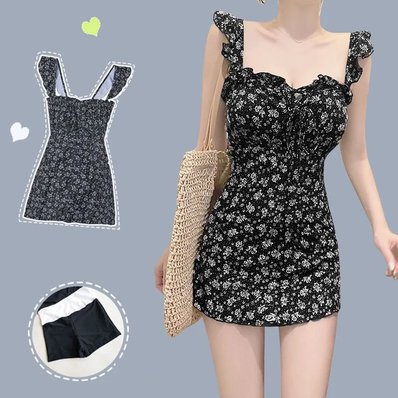

Swimsuit One-Piece 2021 Summer Women Covering Belly Sexy Slim Chest Gathering Small Floral Skirt Beach Swimwear Swimming Suit