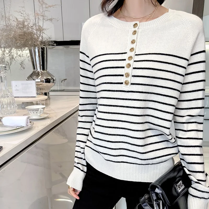 

Ladies pullover 2021 fall/winter new round neck 100% wool sweater casual striped cashmere sweater women's top hot