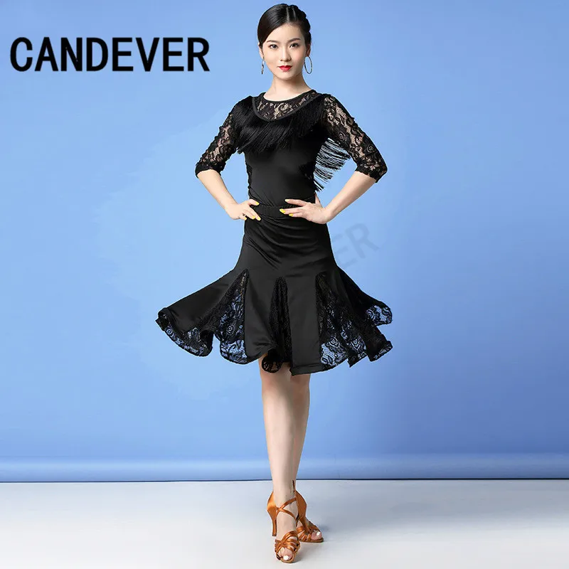 2020 new adult Modern Ballroom Latin Dance Dress lace top skirts tassel Fringe Salsa Tango Wear Performance Stage | Тематическая