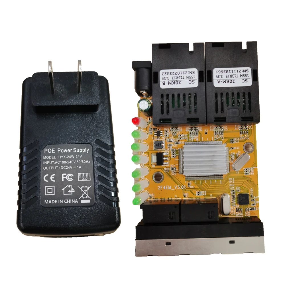 2F4E Fast POE PCB Ethernet Switch Fiber Optical Media Converter Single Mode 4 RJ45 and 2 SC fiber Port 10/100M PCBA