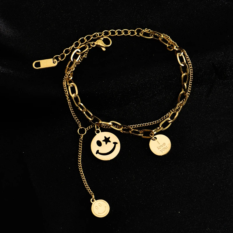 

Colorfast stainless steel two-layer chain bracelet happy face lucky pendant exquisite fashion personality female gift jewelry