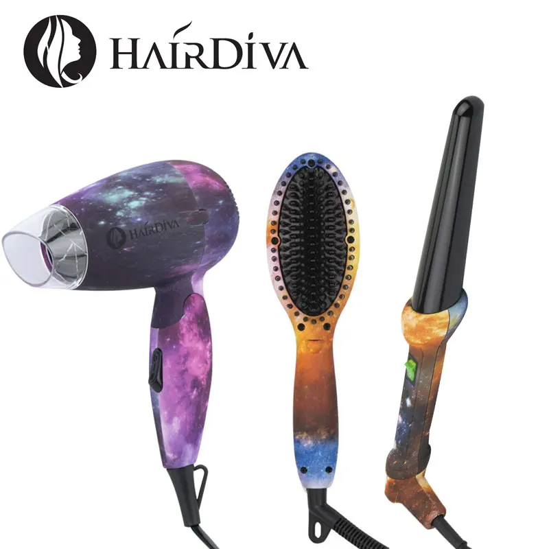 HairDiva Galaxy Kit фен Ионная Щетка для выпрямления волос и бигуди палочкой с