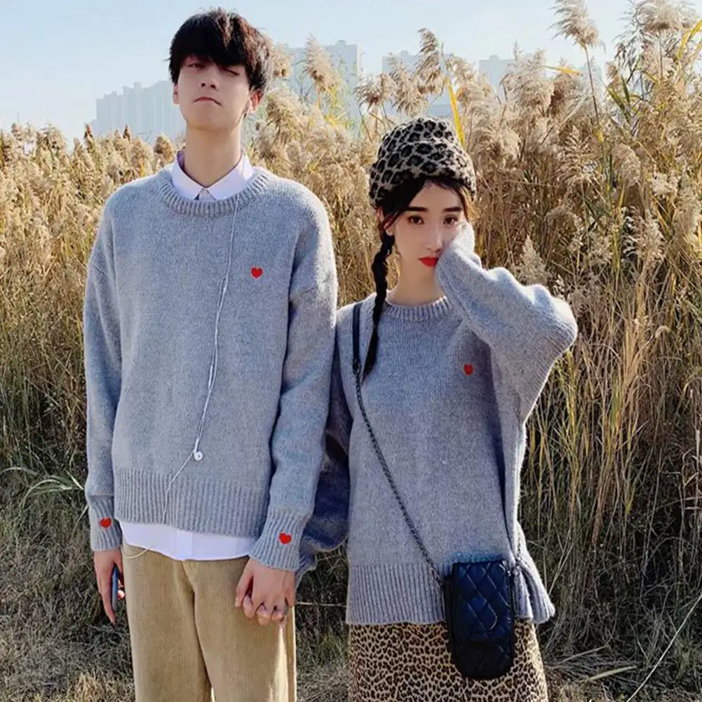 

MISSKY Couple Women Men Sweater Heart Printed Loose Long-Sleeved Pullovers Sweater with Crew-Neck Female Male Tops Winter Autumn