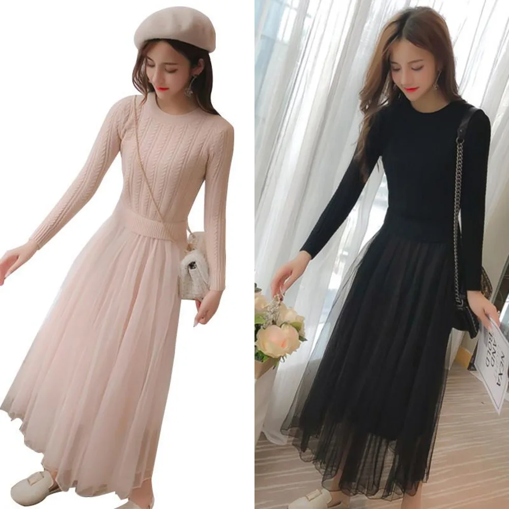 

WinterSpring new Women Maxi Long Dress Ladies Long Sleeve Dress Female Patchwork Mesh Knitted Sweater Dresses X72