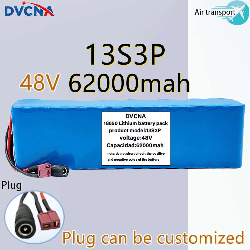 

New 48V 62000mAh 1000w 13S3P T-Plug 48V Lithium ion Battery Pack 62Ah For 54.6v E-bike Electric bicycle Scooter with BMS