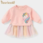 Bear LeaderНовинка 2021 г.; Милая одежда с героями мультфильмов для маленьких девочек; Детское Сетчатое платье в стиле пэчворк; Детское платье принцессы с рисунком единорога для девочек