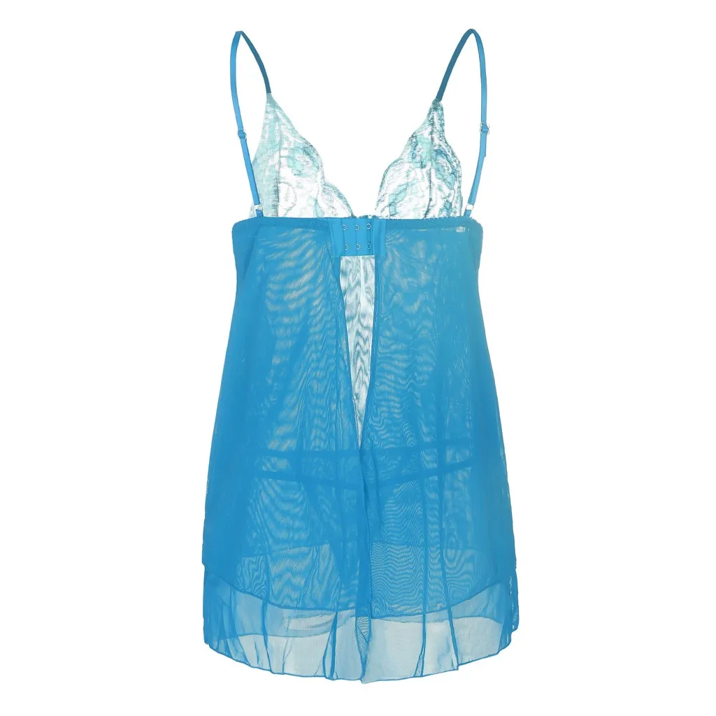 

Hot Exotic Babydoll Sleepwear Sexy Women Lace Deep V-Neck Lingerie Porno Bowknot Hollow Out Nightdress With G-string Underwear