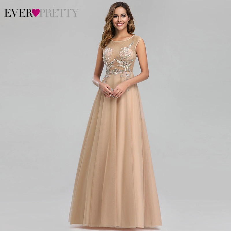 Luxury Evening Dresses Long Ever Pretty A-Line Double O-Neck Beaded See-Through Sexy Formal Evening Gowns Abendkleider