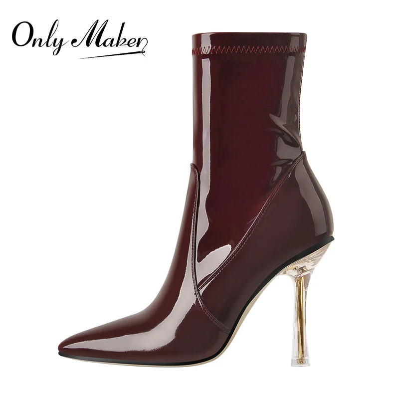 

Onlymaker Pointed Toe Ankle Boots For Women Black Red Patent Leather Clear Metal Thin High Heel Zipper Winter Booties