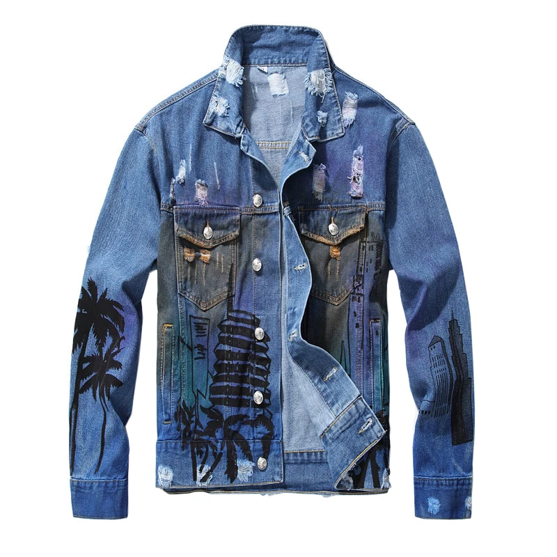 

Men's loose coconut palm printed jean jacket fashion holes ripped denim coat Letters painted hip hop jacket denim windbreaker