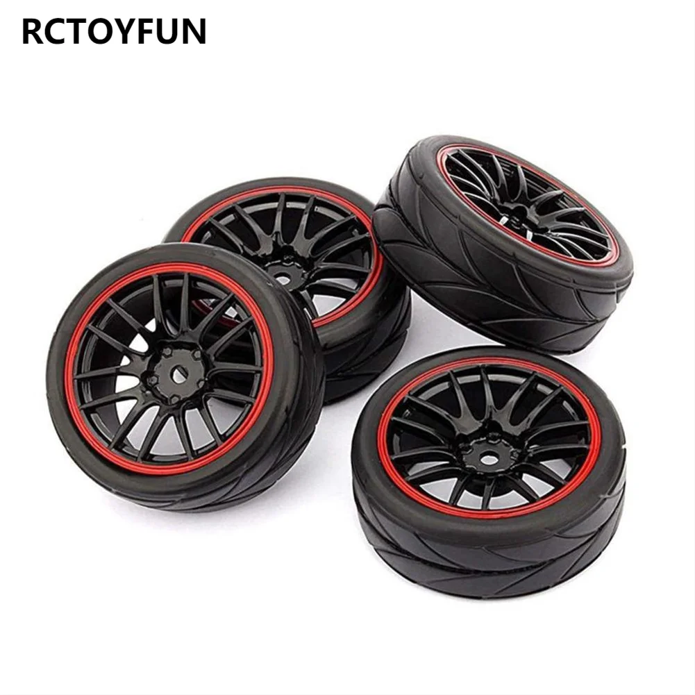 

RCTOYFUN 4pcs Plastic Wheel Rims & Soft Rubber Tires Accessories For 1/10 HSP 94123 94122 94102 94103 HPI Tamiya Sakura Kyosho