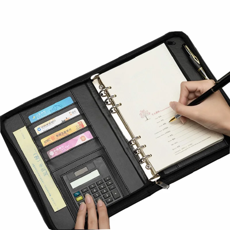

RuiZe A5 Leather Notebook Padfolio Organizer Office Business Manager Folder Planner Ring Binder Spiral Note book With Calculator