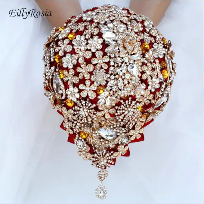 

EillyRosia Luxury Jewelry Brooch Bouquet for Bride Crystals Burgundy Satin Silk Roses Sparkly Teardrop Wedding Bouquet Flowers