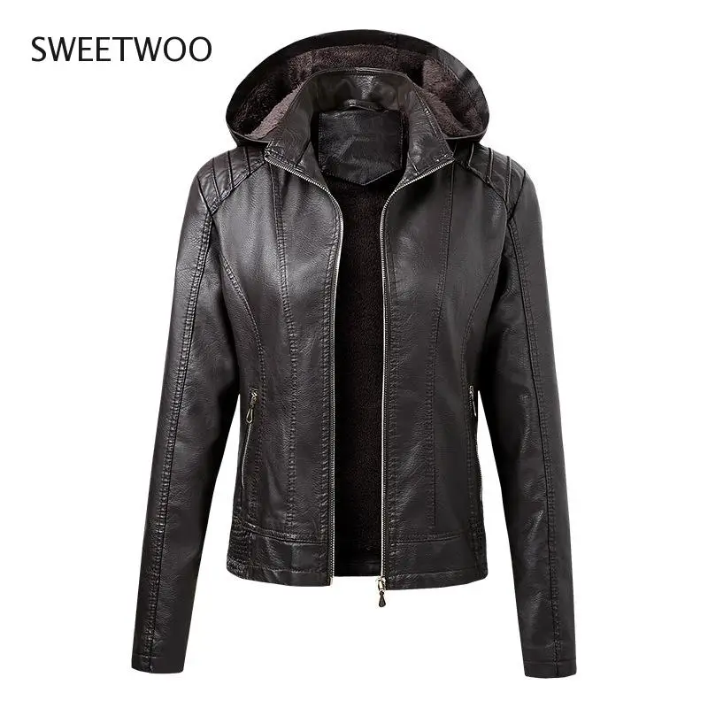 

New Women Jacket Solid Zipper Pu Leather Biker Jackets Autumn Winter Faux Fur Tunic Outerwear Female Oversize Hooded Velvet Coat