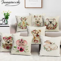 fuwatacchi linen cushion cover cute elephant deer bear print pillow cover decorative throw pillowcases for sofa car home decor