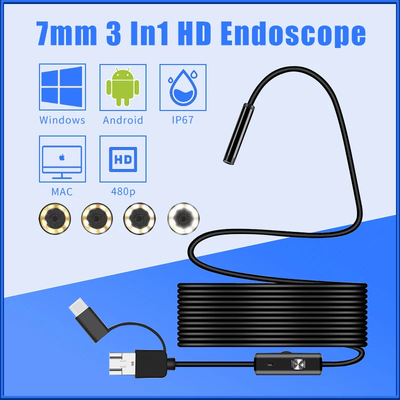 7mm 3 in 1 HD Video Camera Endoscope TYPE-C Mobile Computer Industrial Tube Inspection Waterproof IP67 1-10m