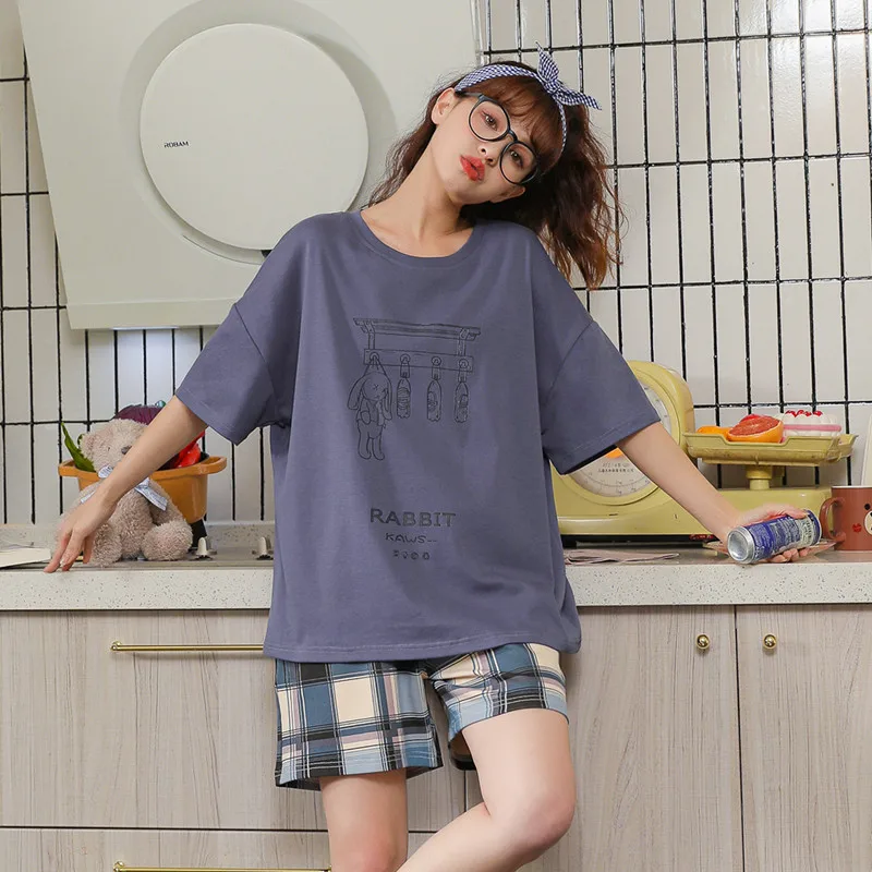 

Women Korean Blue Cotton Sleepwear Cartoon Rabbit Cute Women's Nightwear Casual Loose Homewear Summer Short Sleeves Pajamas Set