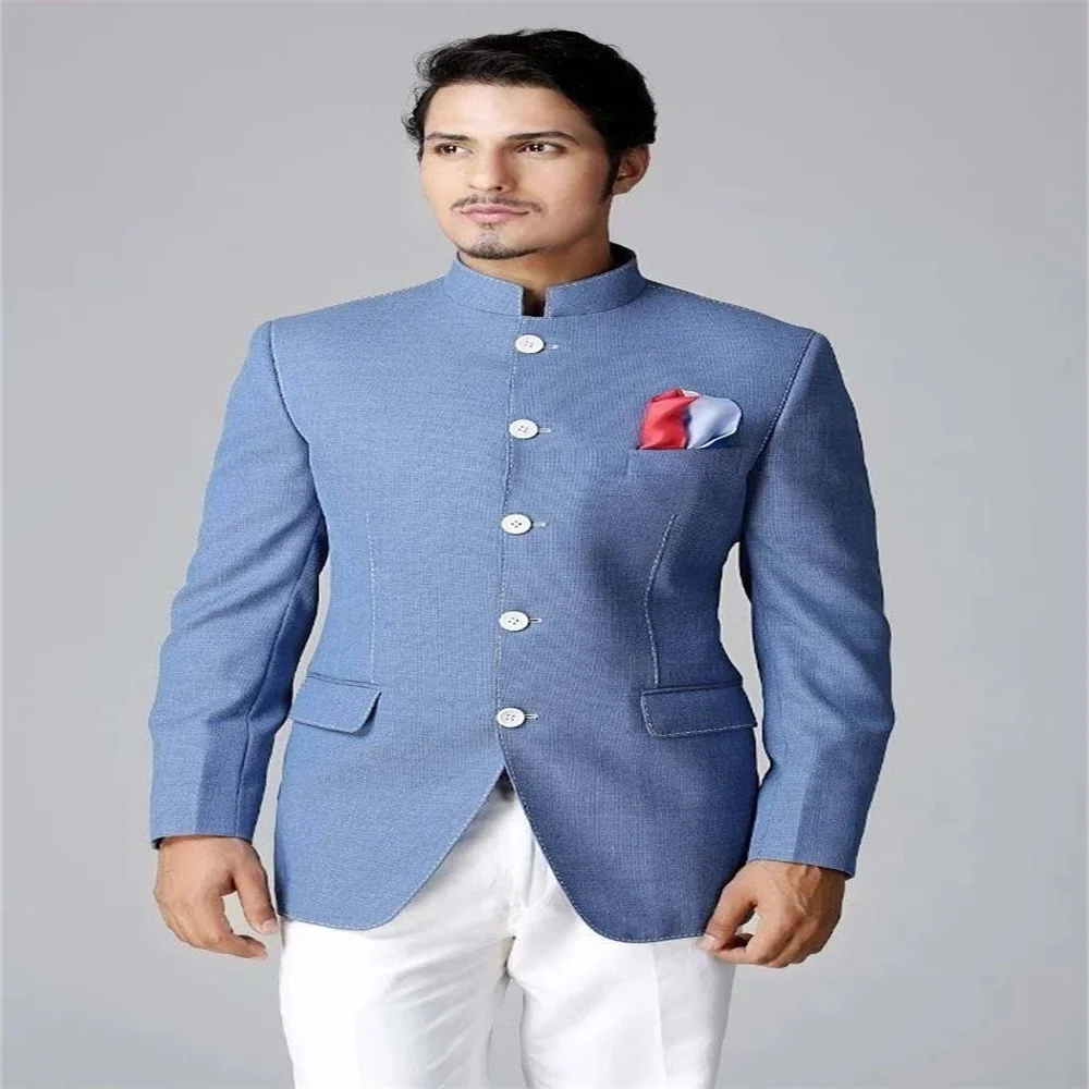 2021 New Sky Blue Stand-Up Collar Men's Suit Fashion Wedding Jacket Slim Evening Dress 2 Sets (Coat + Pants + Handkerchief)