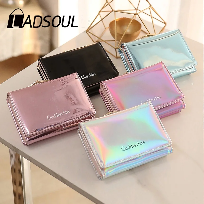 Ladsoul женский лазерный голографический кошелек короткий милый кошелек для монет маленький кошелек женский складной кошелек держатель для карт Portefeuille Femme
