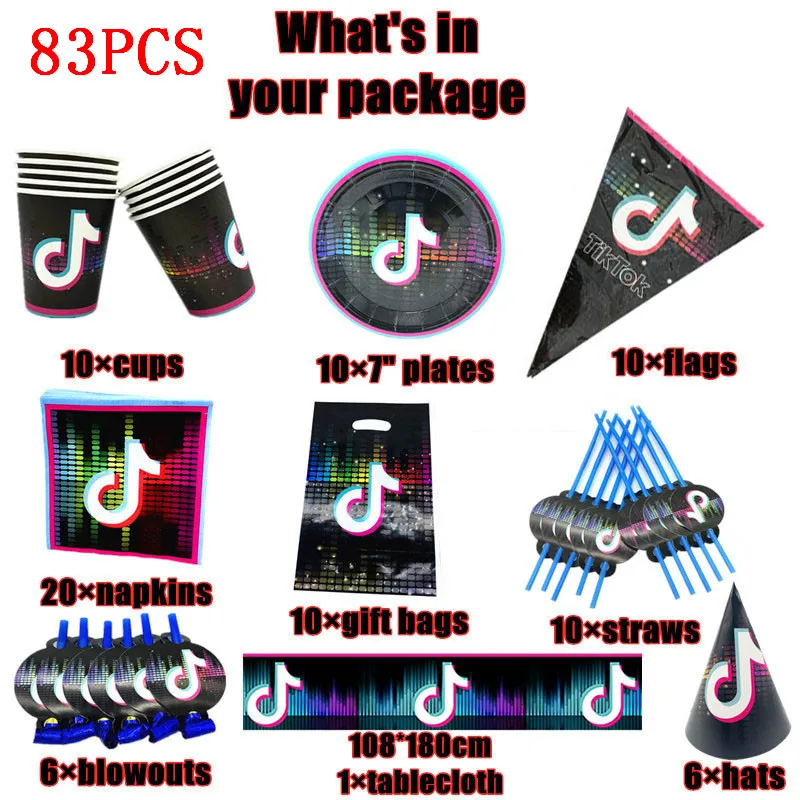 83 Uds TIK fiesta de m&uacute;sica placas mantel beb&eacute; ducha suministros de decoraci&oacute;n para fiesta de cumplea&ntilde;os bandera tazas, servilleta desechable de vajilla-0